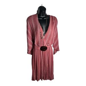 Vintage 80’s Rust and Cream Striped Textured Deep V Neck Dress